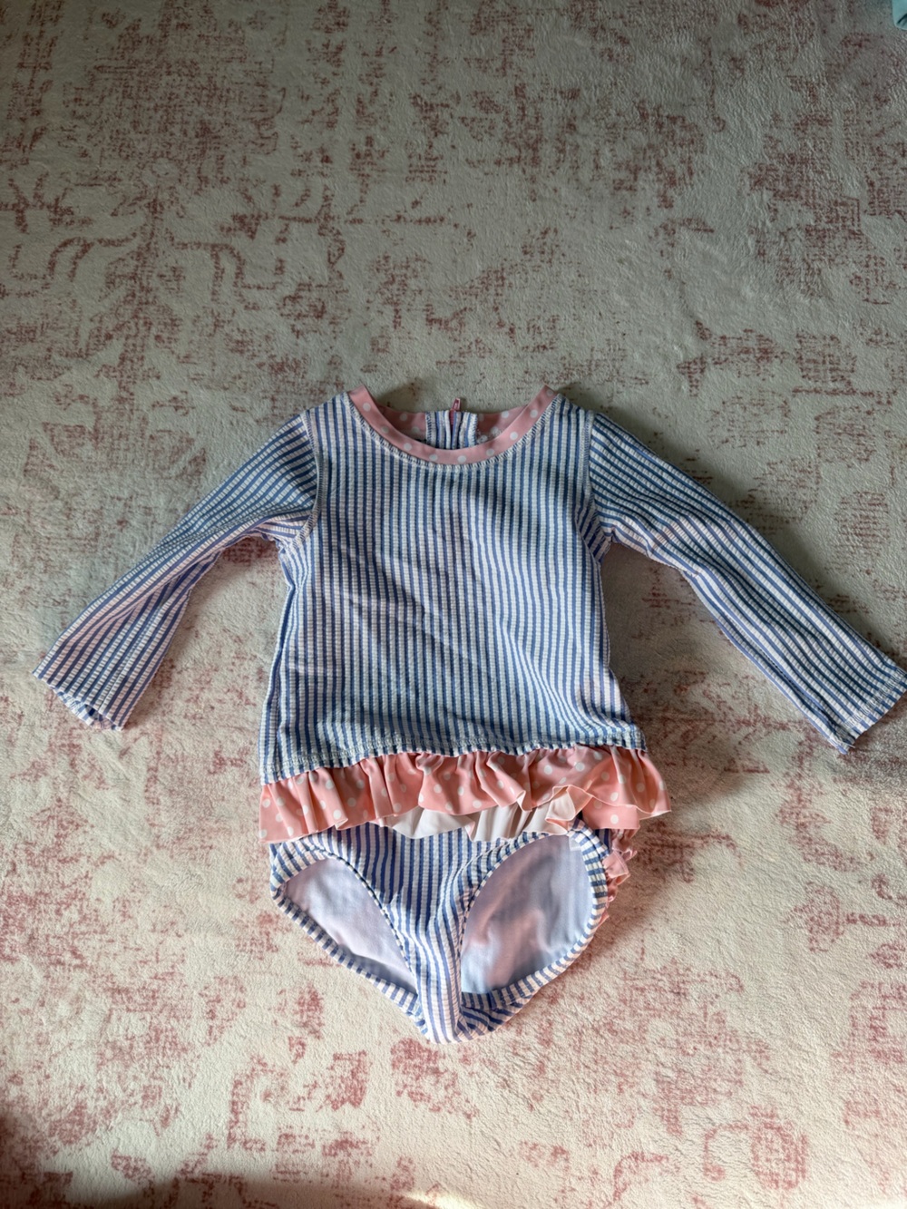 Striped Blue & White Long Sleeve Ruffle Swimsuit with Pink Polka Dot Accents